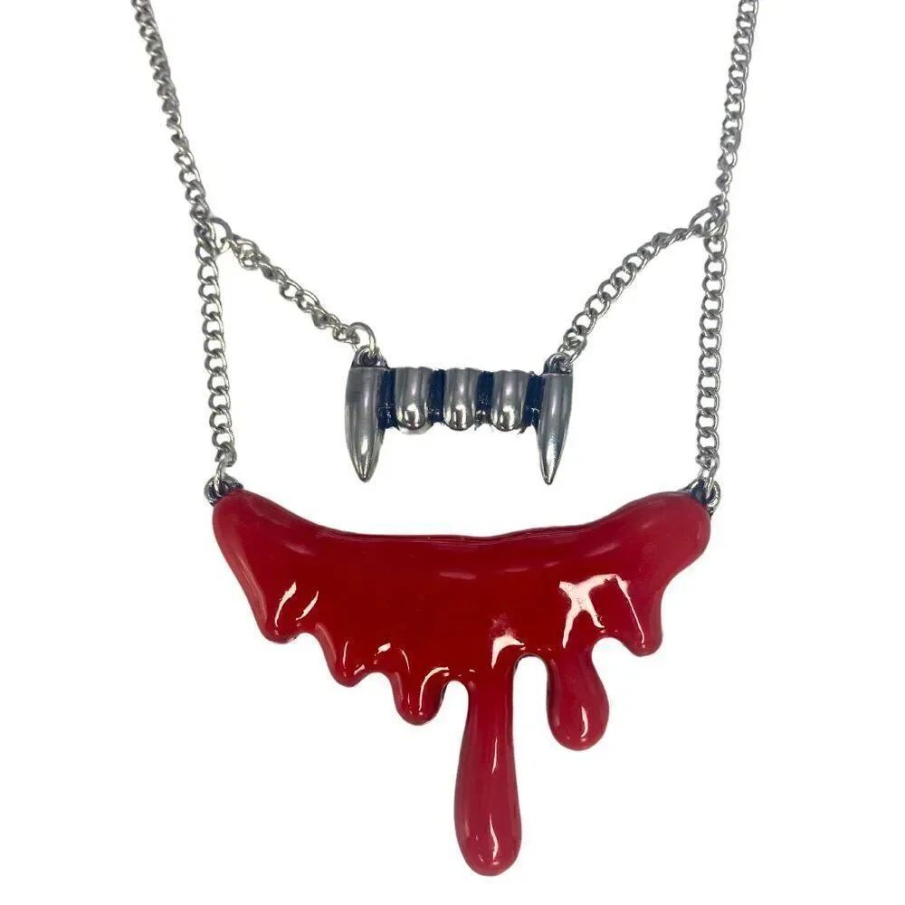 NEW Gothic Vampire Silver Fangs and Red Blood Drip Necklace